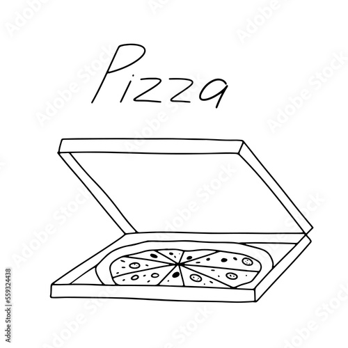 Pizza in box doodle illustration. Vector outline sketch isolated on white