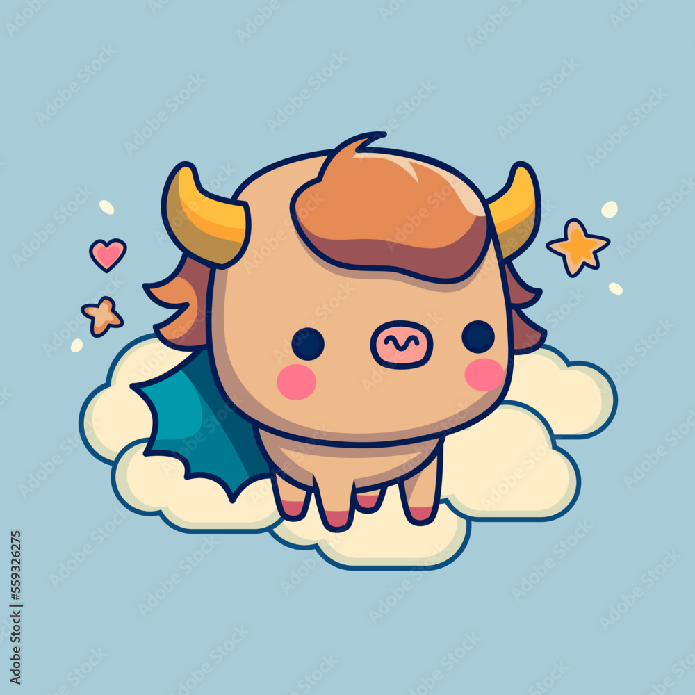 Cute super buffalo baby flies through the clouds. Suitable for printing on a T-shirt or children's clothing. Cute super buffalo baby flies through the clouds. Suitable for printing on a T-shirt or children's clothing.