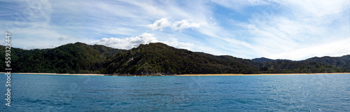 View of a golden sand beach with blue sky and ocean water, and native bush-covered mountains in the background.