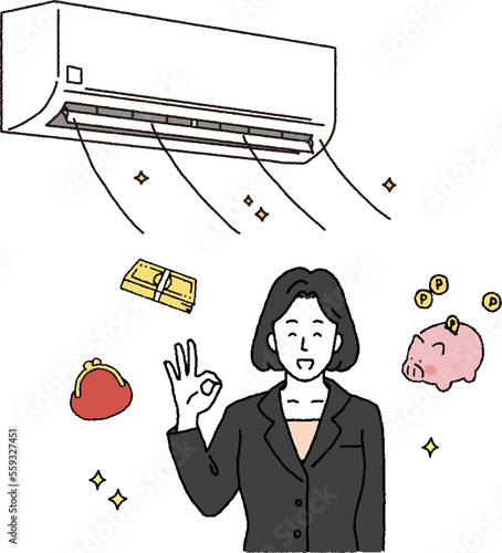 シンプルなタッチ　エアコンで節電に成功する女性のイラストレーション