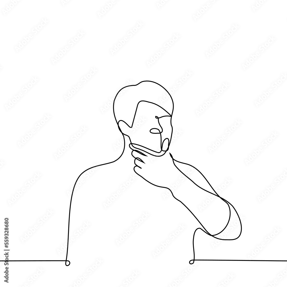 man scratching his chin - one line drawing vector. concept to ponder, reflect on something man scratching his chin - one line drawing vector. concept to ponder, reflect on something