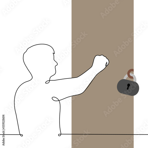 man knocking on the door closed with a big lock - one line drawing vector. concept or metaphor for fruitless and meaningless attempts and actions, doomed to failure in advance