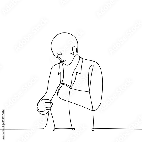 man takes something out of the inside pocket of his jacket - one line drawing vector. concept to get something small and valuable from a hidden pocket