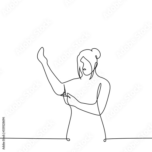 woman rolls up the sleeves of her sweater - one line drawing vector. concept toil or manual work