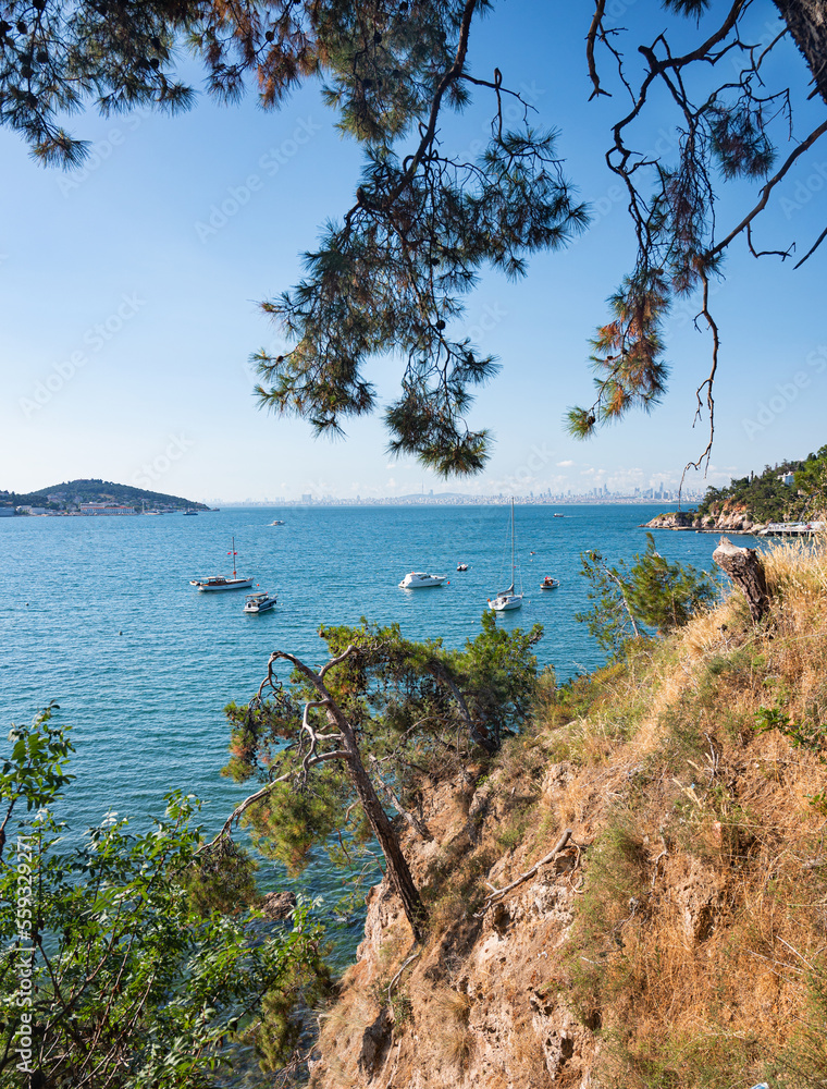 Beautiful panoramic view of the Black Sea with yachts and the city in the background. Rocky coast with trees and pines on a sunny summer day. Beautiful panoramic view of the Black Sea with yachts and the city in the background. Rocky coast with trees and pines on a sunny summer day.