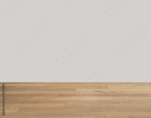 Wooden oak table top with free space for installing the product or layout on the beige background.