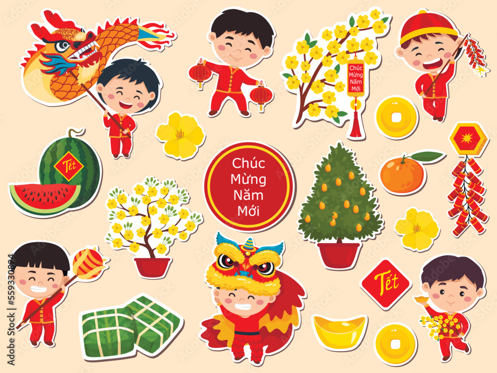 Set of stickers for celebrating Lunar Chinese New Year. TếtVietnamese