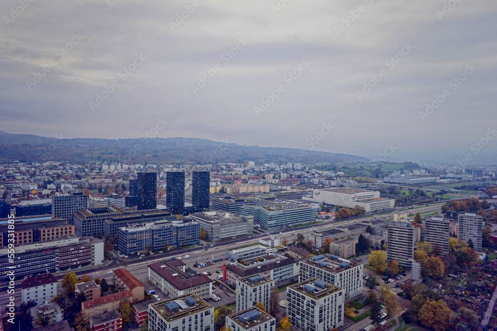 Obraz premium Aerial view of City of Zürich with skyline and panoramic view on a gray and cloudy late afternoon. Photo taken November 12th, 2022, Zurich, Switzerland.