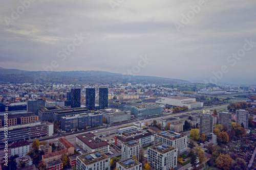 Aerial view of City of Z  rich with skyline and panoramic view on a gray and cloudy late afternoon. Photo taken November 12th  2022  Zurich  Switzerland.