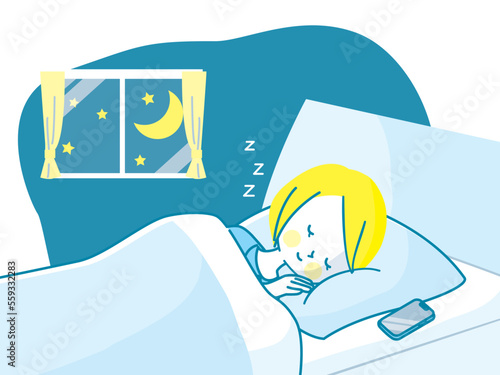ベットでぐっすり眠る女性のイラスト素材