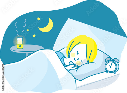 ベットでぐっすり眠る女性のイラスト素材