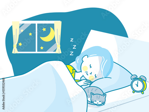 猫と一緒にベットでぐっすり眠るシニア女性のイラスト素材