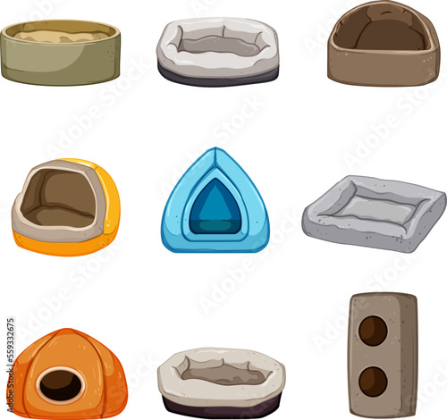 cat house set cartoon. pet cute, kitten kitty, domestic funny, adorable comfortable, toy cat house vector illustration