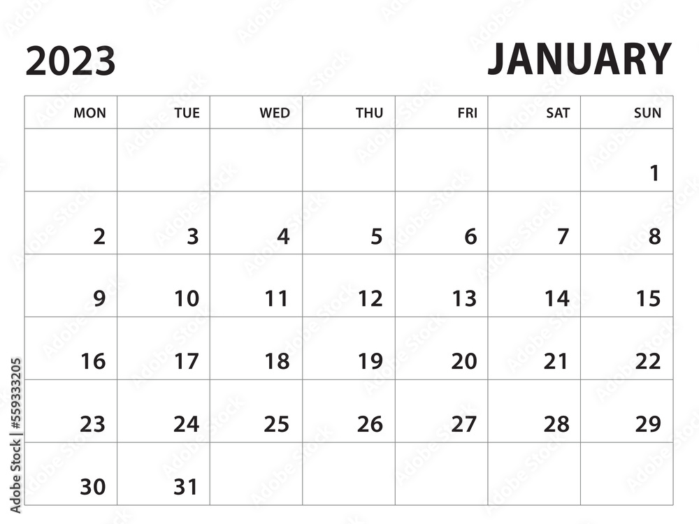 Calendar 2023 template - January 2023 vector on white background, week start on monday, Desk calendar 2023 year, Wall calendar design, corporate planner template, clean style, horizontal template Calendar 2023 template - January 2023 vector on white background, week start on monday, Desk calendar 2023 year, Wall calendar design, corporate planner template, clean style, horizontal template