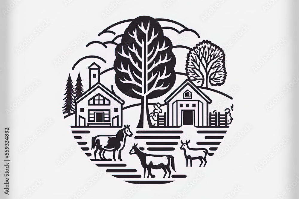 Icon of a rural scene with agricultural fields on a white backdrop. Stock in the thin line design. Generative AI