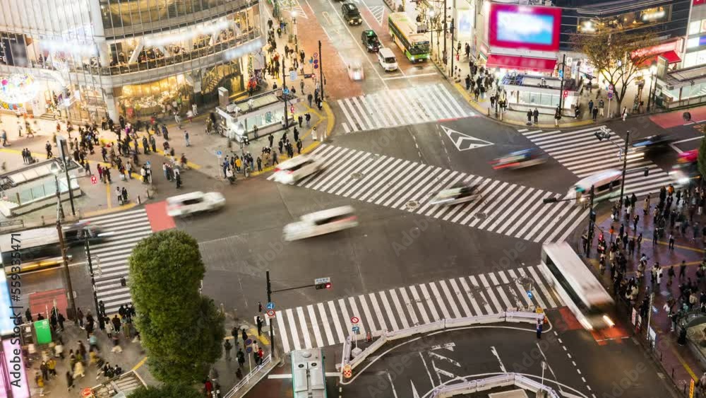 Night time lapse of car traffic transportation, crowded people walk ...