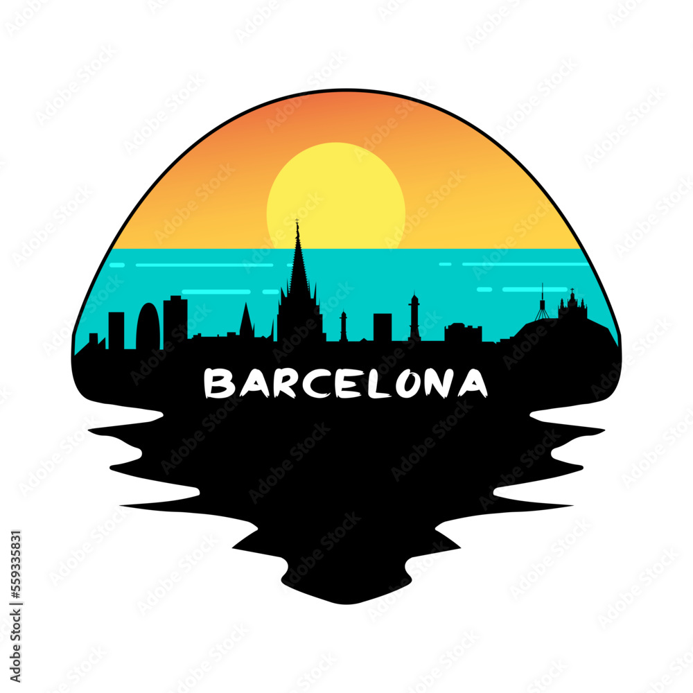Barcelona Spain Skyline Silhouette Retro Vintage Sunset Barcelona Lover Travel Souvenir Sticker Vector Illustration SVG EPS