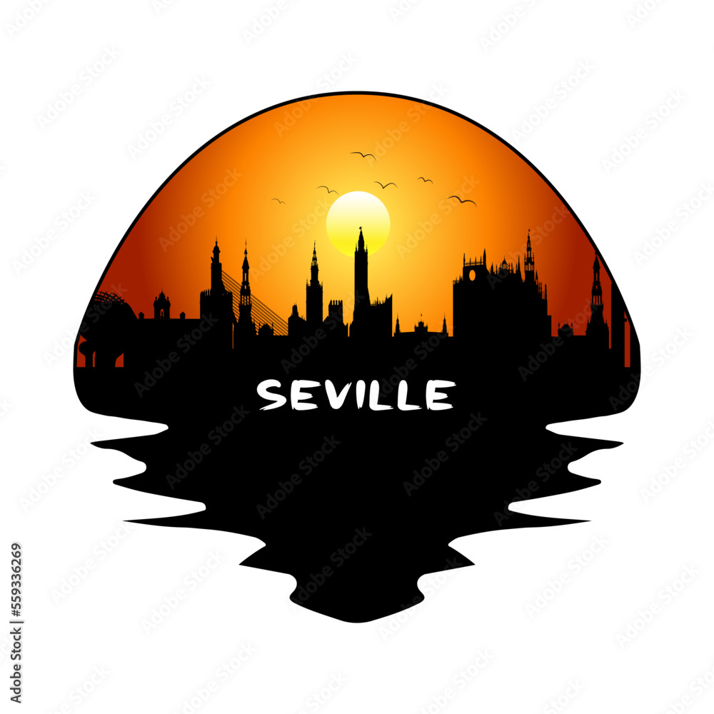 Seville Spain Skyline Silhouette Retro Vintage Sunset Seville Lover Travel Souvenir Sticker Vector Illustration SVG EPS