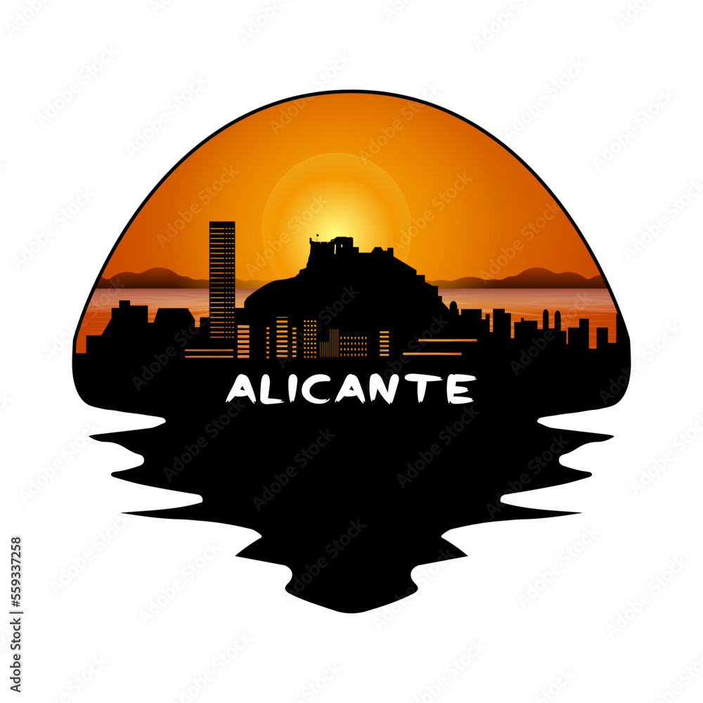 Alicante Spain Skyline Silhouette Retro Vintage Sunset Alicante Lover Travel Souvenir Sticker Vector Illustration SVG EPS