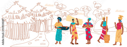 African village and women in ethnic clothes for travel and vacation banners and posters. African women in village with huts, flat hand drawn vector illustration isolated on white.