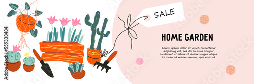 Growing indoor plants and home gardening, hobbies and activities. Flyer or banner template for flower shops and gardeners websites, cartoon vector illustration on white background.