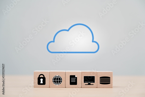 technology icon with wood block and cloud icon on top wood block, technology concept.