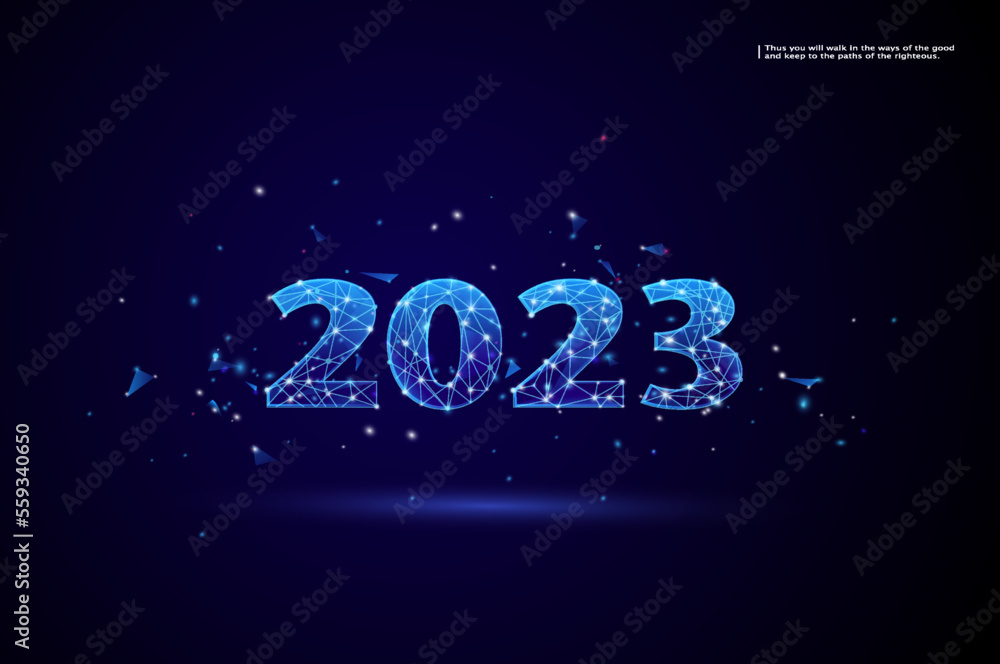 2023 Happy New Year with Christmas in Abstract low poly wireframe style. 