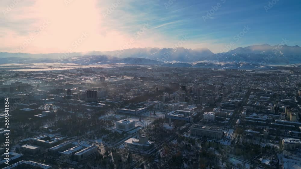 Bishkek, Kyrgyzstan - January 5, 2023: Aerial view of Bishkek city's Ala-Too central square