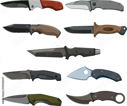 military knife set cartoon. tool blade, steel equipment, handle sharp, weapon army, metal military knife vector illustration