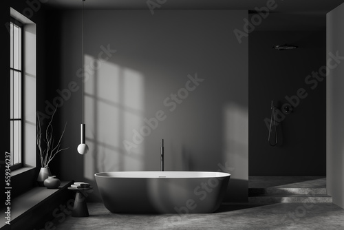 Front view on dark bathroom interior with large bathtub  window