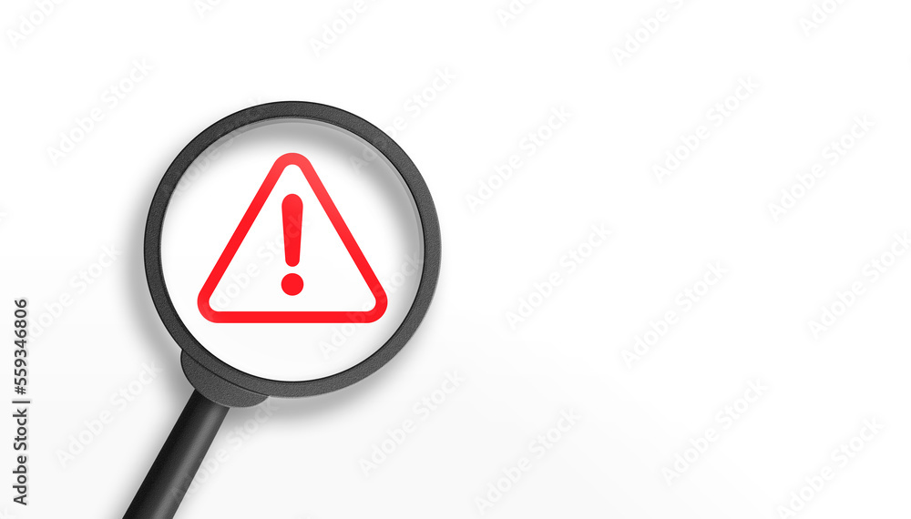 Magnifier glass with red triangle caution warning sign on white background for notification error and maintenance concept. 3d illustration. Magnifier glass with red triangle caution warning sign on white background for notification error and maintenance concept. 3d illustration.