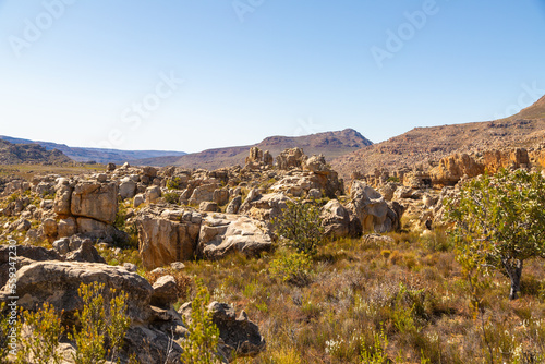 Beautiful rocky landscape in the Cederberg on a sunny day, blue sky, green shrubs, Western Cape, South Africa