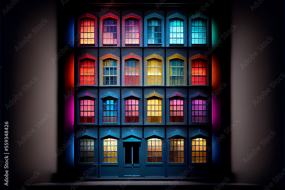 Building facade with the windows lighted in different colors, generative AI