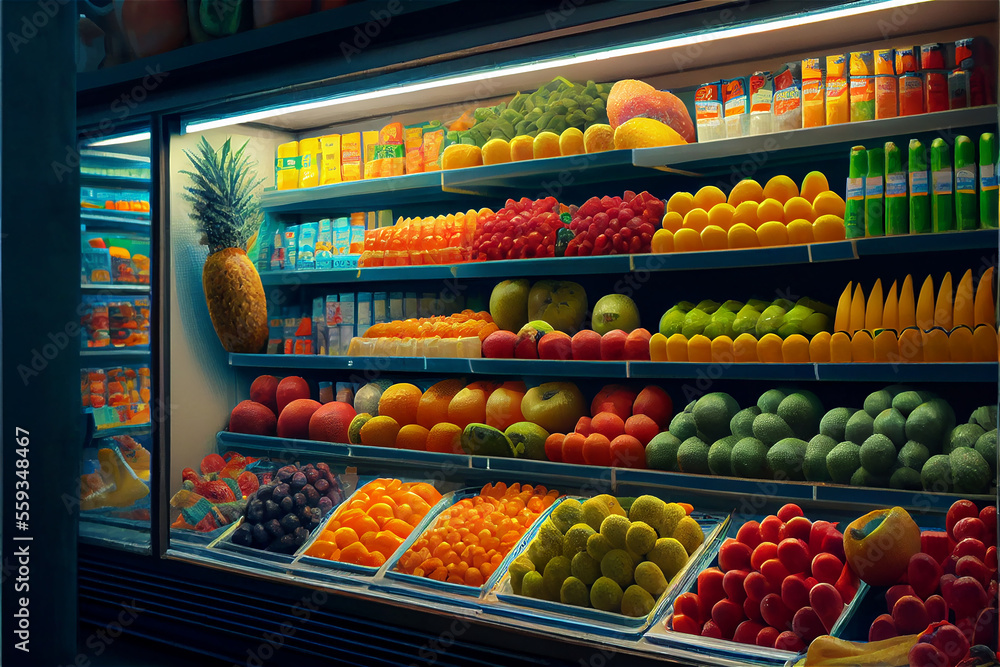 Fresh and colorful Fruit and vegetable section of the supermarket, generative AI Fresh and colorful Fruit and vegetable section of the supermarket, generative AI