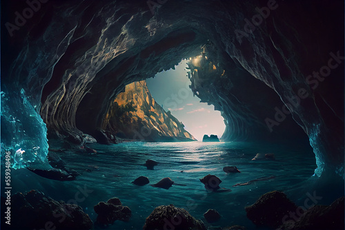 Cave in the ocean with blue light, perfect for backgrounds, generative ia