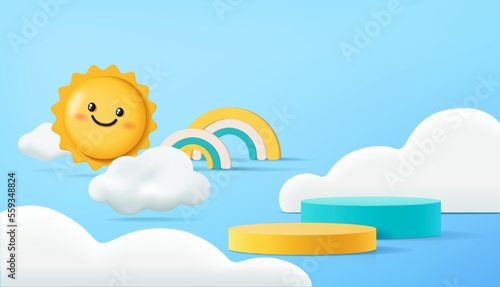 Stand and display colorful. 3D rendering. A scene for advertising, Minimalist mockup for podium display or showcase.