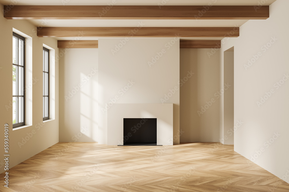 Fototapeta premium Stylish empty room interior with fireplace and panoramic window