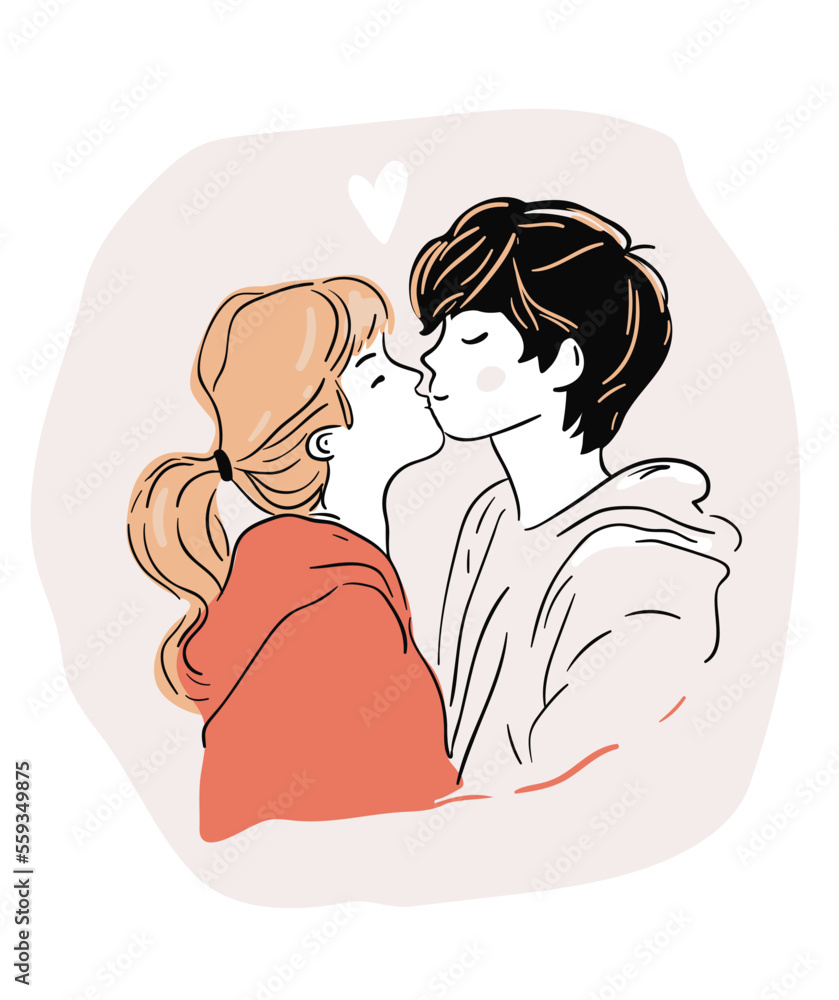 Romantic kiss of young blonde girl with ponytail and man. Line doodle illustration. Valentine's day minimalism drawing Romantic kiss of young blonde girl with ponytail and man. Line doodle illustration. Valentine's day minimalism drawing