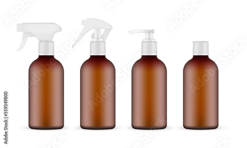 Set of Amber Plastic Bottles With Pump and Sprayer, Isolated on White Background. Vector Illustration