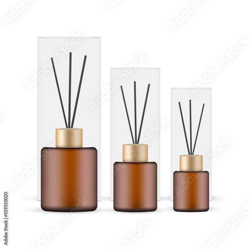 Packaging for Aroma Reed Diffuser, Amber Bottle and Box, Various Sizes, Isolated on White Background. Vector Illustration