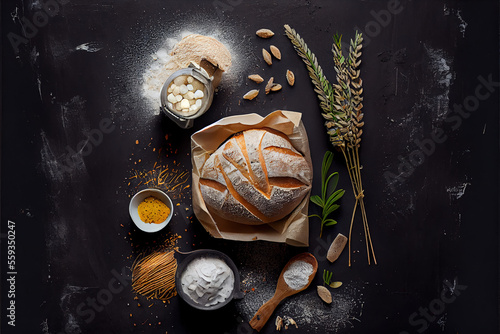 Rustic bread flour sprinkled from the white paper on black chalkboard background. Generative AI