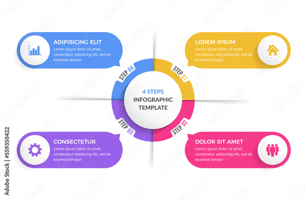Circle diagram with 4 steps with place for your text and icons, infographic template Circle diagram with 4 steps with place for your text and icons, infographic template