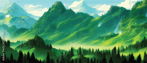 Foggy mountains with coniferous forest vector illustration. Smokey rocky panorama with mountain mountains and silhouettes for pine forest. landscape panorama from Pine mountain forest. with copy space photo