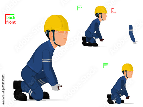 A worker is lifting something on the floor