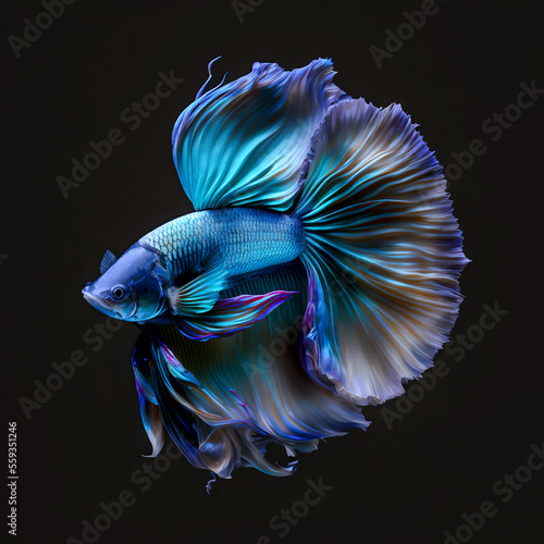 Blue halfmoon betta fish on black background. Generative AI