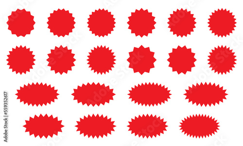 Starburst red sticker set - collection of special offer sale round and oval sunburst labels and buttons isolated on white background. Stickers and badges with star edges for promo advertising.