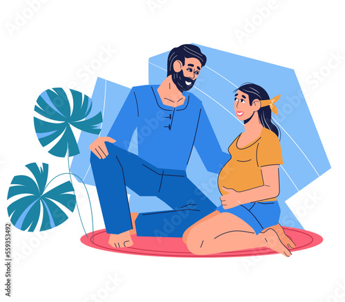 Husband helps his wife prepare for birth of a child, flat vector illustration isolated on white background. Married couple expecting a child. Labor and childbirth preparing.