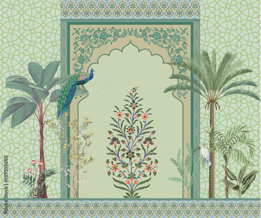 Traditional mughal arch, moroccan border, plants, tree, peacock ...