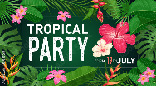 Tropical banner design template. Dark green theme with hibiscus flowers, palm, monstera leaves, tropical exotic flowers. Best for invitations, flyers, party posters. 
