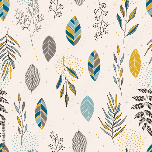 Scandinavian seamless doodle pattern with vintage leaves sketch.  For wrapping paper. Ideal for wallpaper, surface textures, textiles.